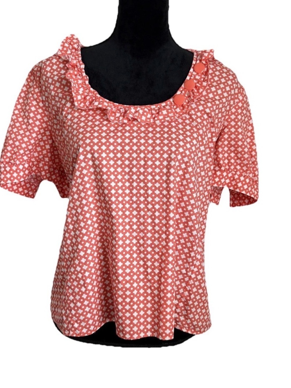 J Crew Blouse Womens 14 Orange Geometric Print Ruffle Scoop Neck Puff Sleeve